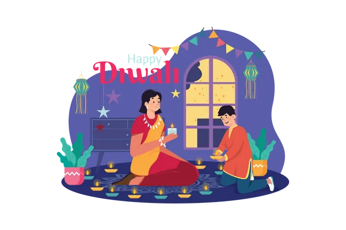 Family holding Diya during Diwali  Illustration