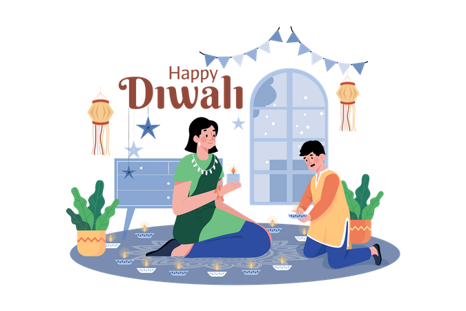 Family holding Diya during Diwali  Illustration