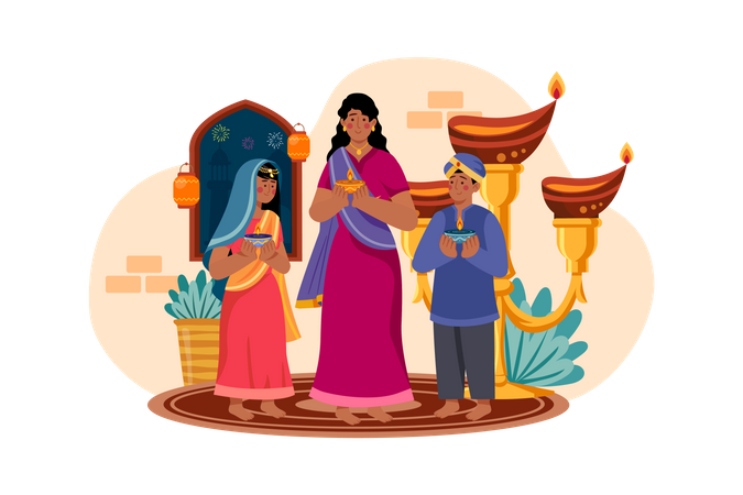 Family holding Diya during Diwali  Illustration