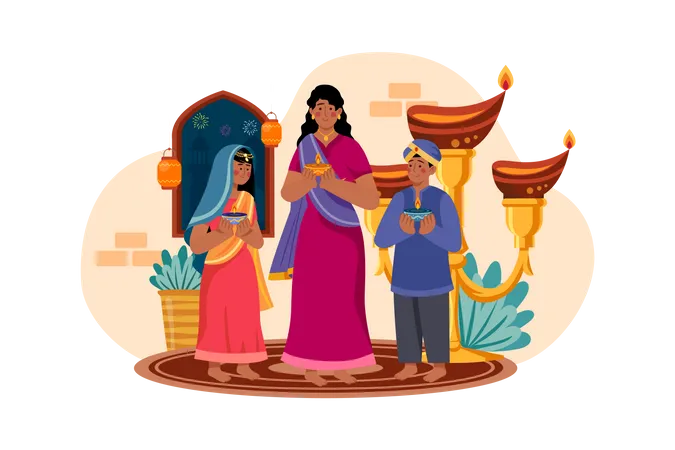 Family holding Diya during Diwali  Illustration