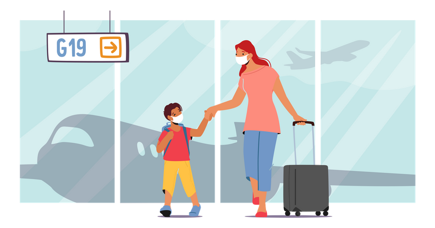 Family Holidays And Travel. Mother And Little Child With Luggage In Airport Terminal Modern Building Waiting Flight Illustration