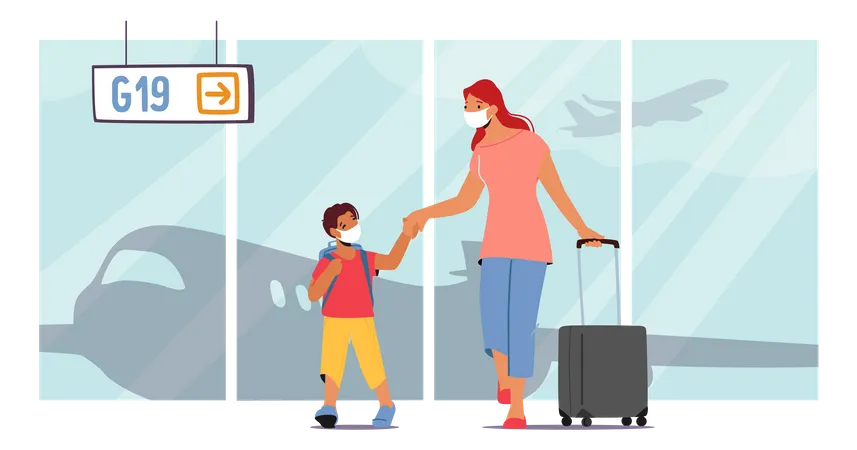 Family Holidays And Travel. Mother And Little Child With Luggage In Airport Terminal Modern Building Waiting Flight Illustration