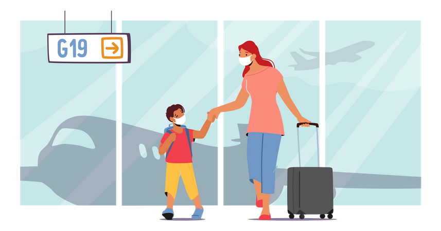 Family Holidays And Travel. Mother And Little Child With Luggage In Airport Terminal Modern Building Waiting Flight  イラスト