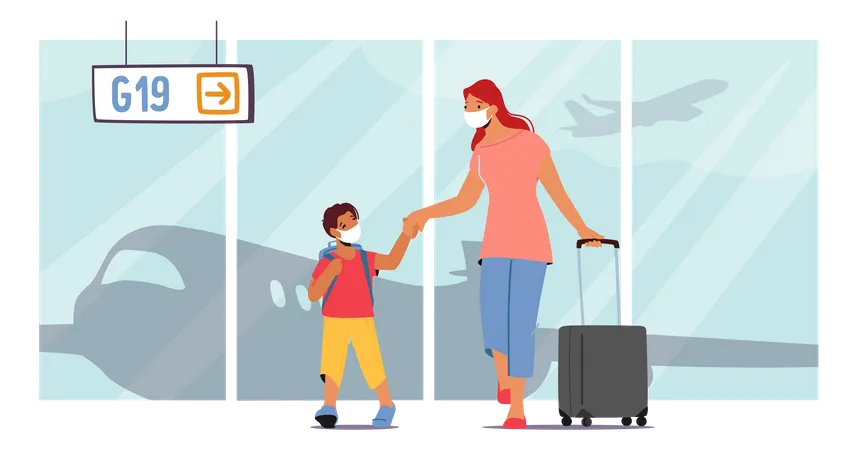 Family Holidays And Travel. Mother And Little Child With Luggage In Airport Terminal Modern Building Waiting Flight  Illustration