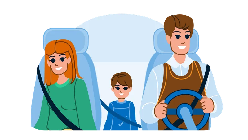 Family Driving Vector Car Happy Man Father Mother Vacation Woman Girl Drive Travel Trip Kid Summer Fun Child Auto Family Driving Character People Flat Cartoon Illustration Illustration