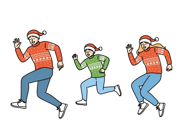 Family in christmas clothes and santa hats while running  for new year holidays  Illustration