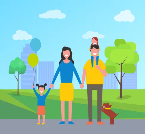 Family In City Park Having Fun Father And Daughter On Neck Mother Holding Kid Small Girl With Balloons Parents In Town Skyscraper And Trees Vector Illustration