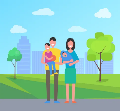 Family People In City Park Mother With Newborn Kid And Pacifier Father Holding Little Boy Son With Basketball Ball Spouses Smiling In Town Vector Illustration