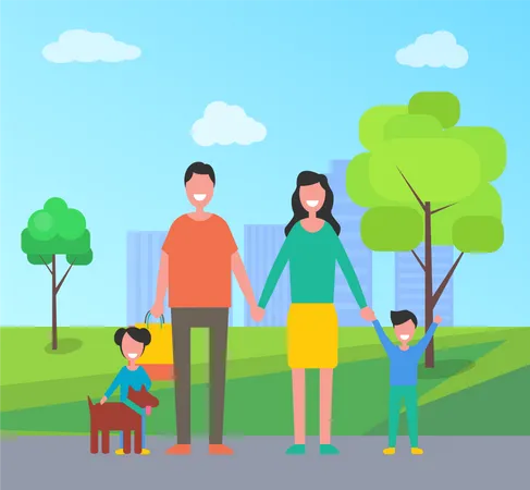 Family In City Park People Holding Hands Cityscape With Skyscrapers Buildings And Trees Mother And Father Parents With Children And Pet Vector Illustration