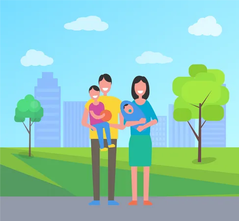 Family in City Park  Illustration