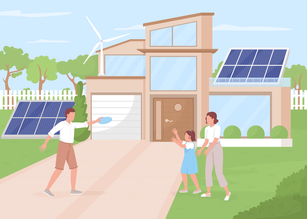 Family in eco house yard  Illustration