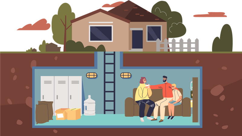 Family in home bunker  Illustration