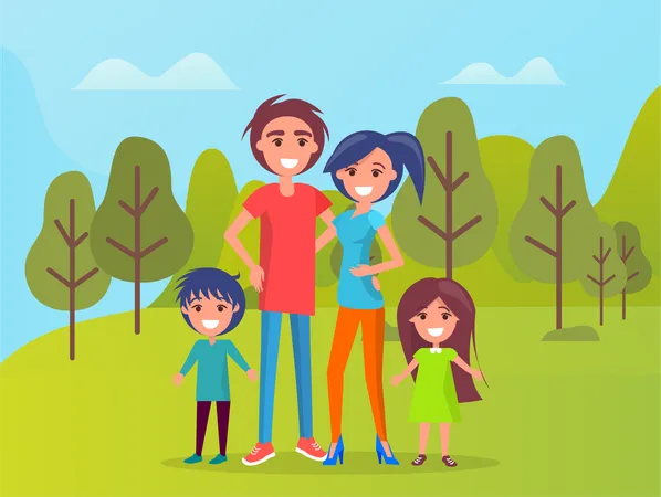 Family Members Smiling Vector Father And Mother Cuddling Kids Standing By Parents Boy And Girl Son And Daughter On Weekend Nature Of Forest Area Illustration