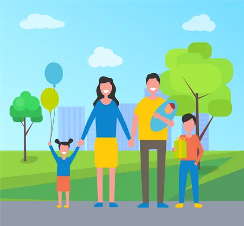 Family Daughter And Son In City Park Vector Buildings And Skyscrapers Trees And Grass Girl With Balloons Father With Newborn Infant Kid And Gift Illustration