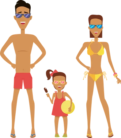 Family In Their Swimming Attire On A White Background Father Mother And Daughter With Sunglasses Which Holds The Ice Cream And Ball Vector Illustration 일러스트레이션