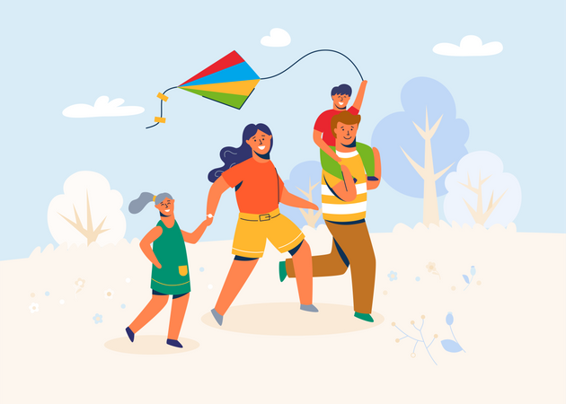 Family in the park launches the Kite  Illustration