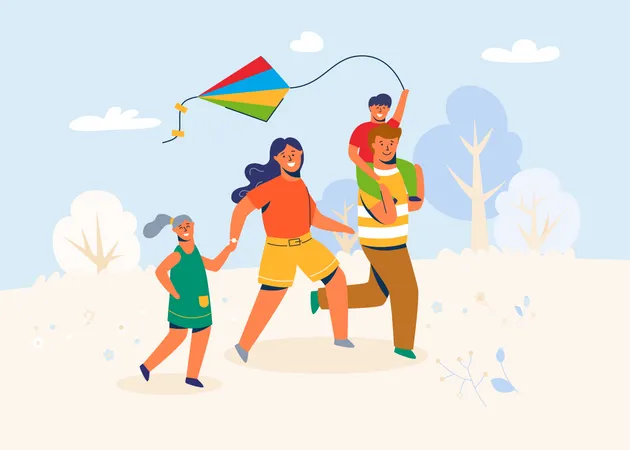 Family in the park launches the Kite Illustration