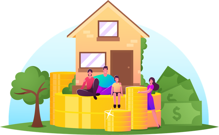 Family Income, Property Insurance, Mortgage Concept. Happy Family Characters front of Cottage with Piles of Huge Coins  Illustration