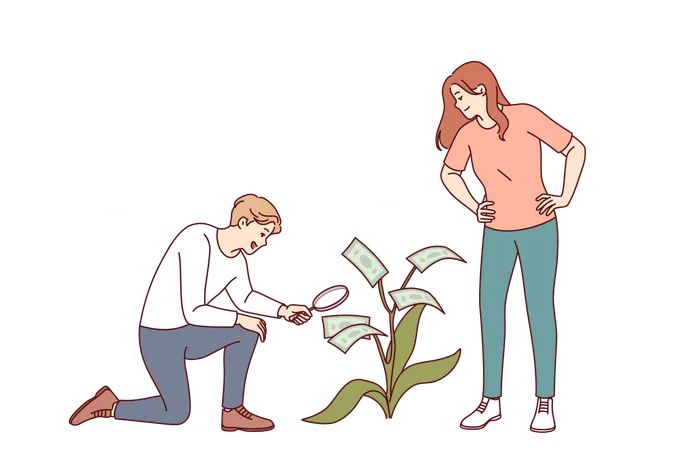 Family investment from man and woman growing money tree together to save for honeymoon  Illustration