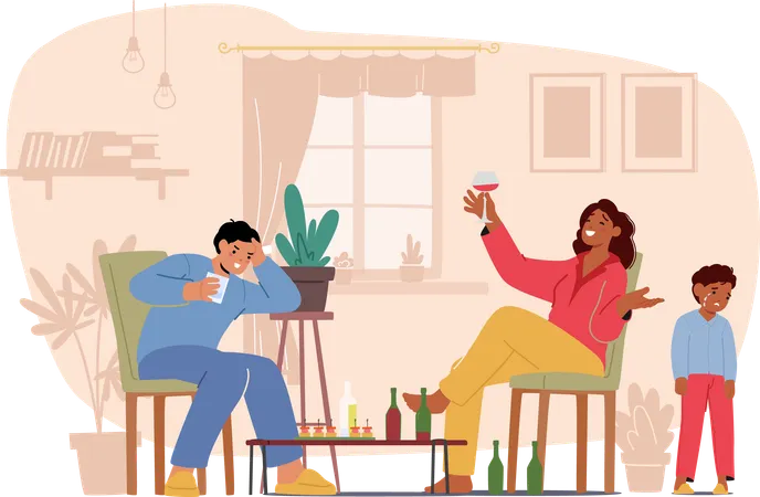 Alcoholism In Family Concept Father And Mother Characters Absorbed In Their Alcoholic Drinks Sit Indifferently While Their Little Crying Son Stands Beside Them Cartoon People Vector Illustration Illustration