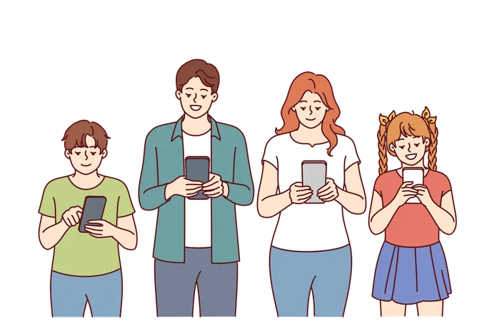 Enthusiastic Family With Mobile Phones In Hands Stand In Row And Refuse Real Communication Introverted Family Uses Smartphones For Concept Of Digitalization Of Society And Dependence On Gadgets Illustration