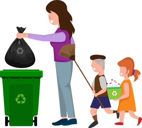 Family is cleaning garbage  Illustration