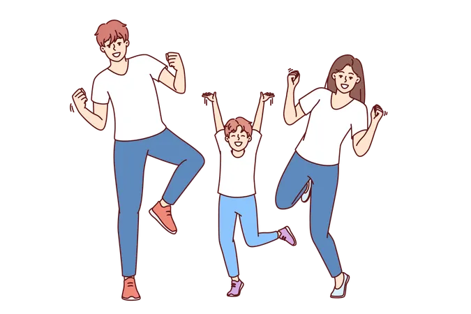 Rejoicing Dad Mom And Little Boy Dance And Celebrate Victory Young Family Competition Or Winning Lottery Positive Family Dancing Energetically At Disco Enjoying Cheerful Atmosphere And Good Music Illustration