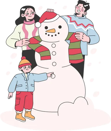Family is decorating snowman  Illustration