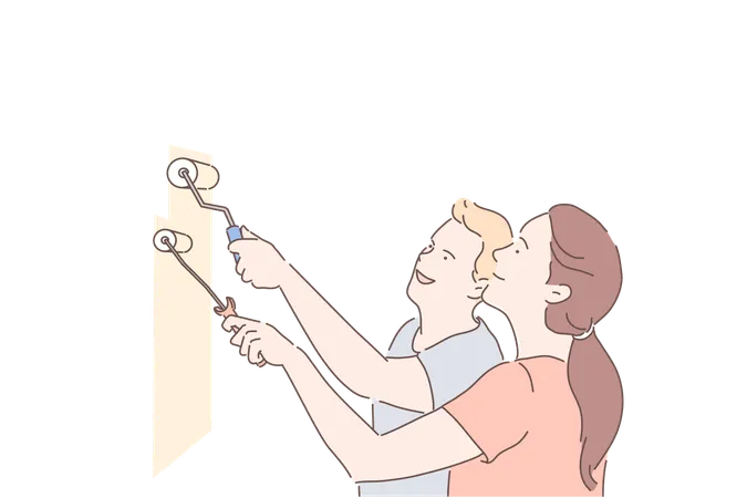 Repair Family Teamwork Painting Concept Young Couple Man And Woman Make Repairs In New House Or Apartment Together Happy Guy And Girl Lovers Paint Wall In Room Useful Leisure Hobby Flat Vector Illustration