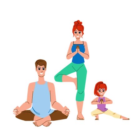 Family Yoga Vector Exercise Healthy Adult Health Body Fitness Together Sport Child Happy Woman Training Female Home Family Yoga Character People Flat Cartoon Illustration Illustration