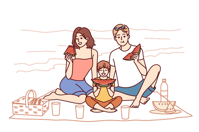 Family is enjoying at beach  Illustration