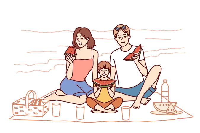 Family is enjoying at beach  Illustration