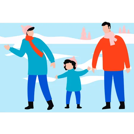 Family Is Enjoying In Snow Illustration