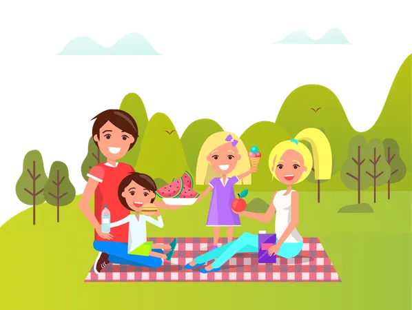Family is enjoying picnic in garden  Illustration