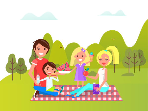 Family is enjoying picnic in garden  Illustration