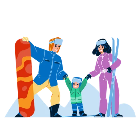 Snow Resort Enjoying And Skiing Family Vector Father Mother And Son Child With Snowboard And Ski Resting At Snow Resort Characters Sport Activity On Snowy Mountain Flat Cartoon Illustration Illustration