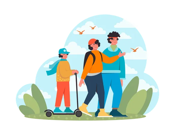Summer Holiday Concept Characters Relaxing And Resting Outdoors Family Walking In The Park Together Tourists With Children Hiking Flat Vector Illustration Illustration