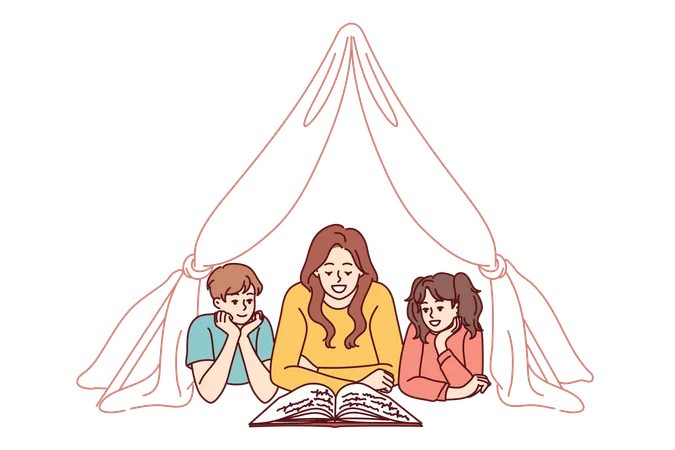 Nanny And Two Small Children Reading Book Lying On Floor In Tent Enjoying Fairy Tale Story Mom Spends Time With Pre Adolescent Children And Gets Positive Emotions From Self Parenting Illustration
