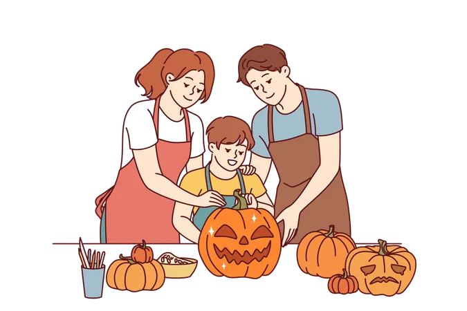 Happy Family Makes Halloween Pumpkins To Decorate House For October 31st And Celebrate All Saints Day Boy Together With Parents Dressed In Aprons Cuts Out Jack O Lanterns For Celebration Halloween イラスト
