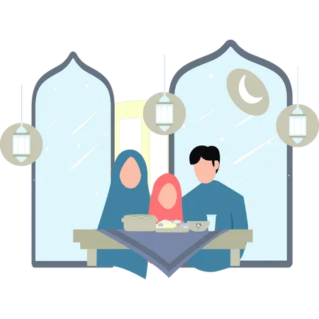 The Family Is Sitting For Iftar Illustration