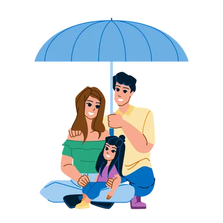 Family Umbrella Vector Happy Daughter Child Kid Girl Rain Woman Summer Mother Protection Father Nature Happiness Young Family Umbrella Character People Flat Cartoon Illustration Illustration