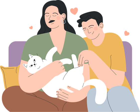Family is spending time with pet cat  イラスト