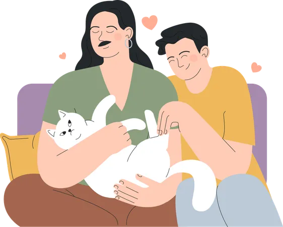 Family is spending time with pet cat  イラスト