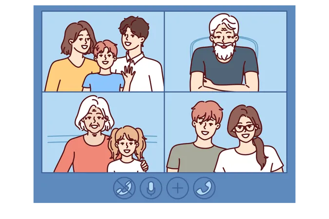 Video Call Of Large Family With People Of Different Generations For Communication Or Congratulations Of Loved Ones On Holidays Application Or Software Interface For Internet Video Call Illustration
