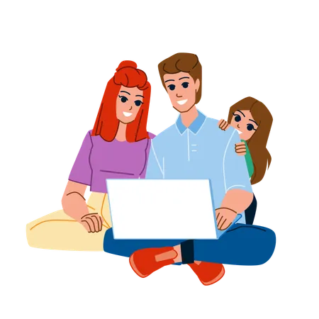 Family Using Computer Vector Home Computer Mother Child Girl Father Together Laptop Using Kid Sofa Daughter Woman Family Using Computer Character People Flat Cartoon Illustration Illustration