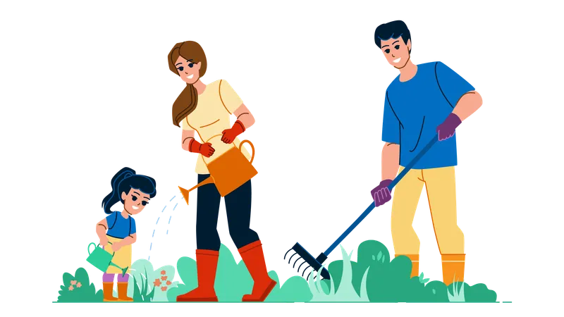 Family Yard Work Vector Garden Plant Happy Agriculture Gardening Nature Summer Father Home Gardener Family Yard Work Character People Flat Cartoon Illustration Illustration