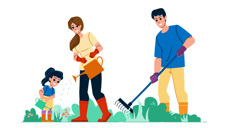 Family is watering plants  Illustration