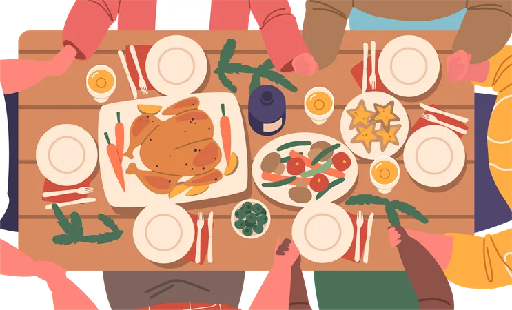 Family Characters Joined Hands In A Christmas Prayer Gathered Around A Festive Table Top View People Expressing Gratitude And Love Surrounded By Holiday Decorations Cartoon Vector Illustration Illustration