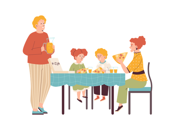 ピザを囲んで家族で一緒に夕食  イラスト