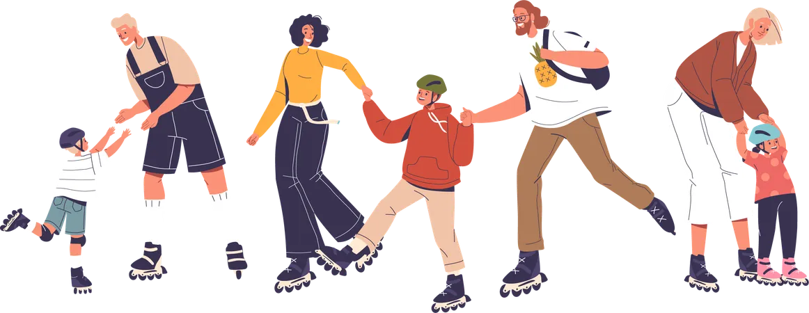Family Characters Parents And Kids Joyfully Glide Together On Roller Skates People Weaving Through The Rink In A Colorful Energetic Display Of Togetherness Isolated Cartoon Vector Illustration 일러스트레이션